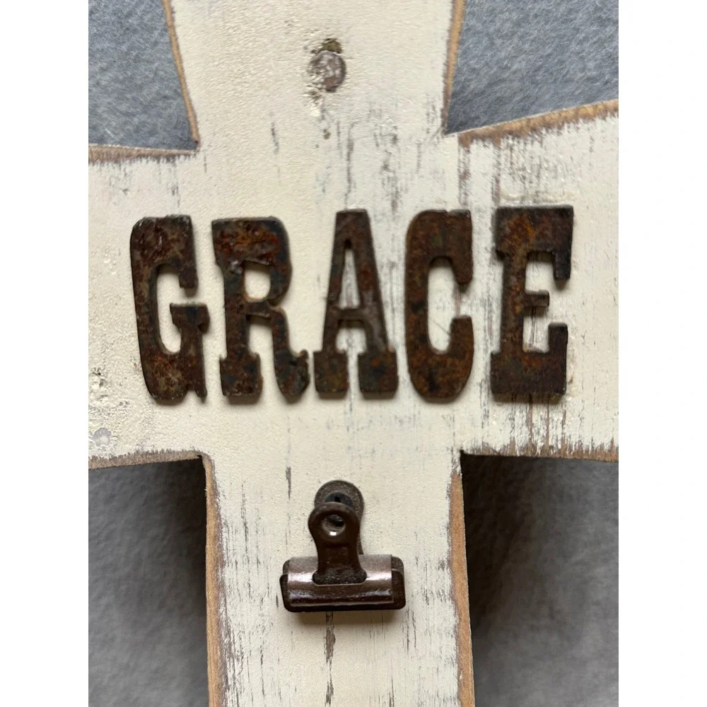 Wooden Grace Standing Cross White Distressed Rustic Metal Clip Decor